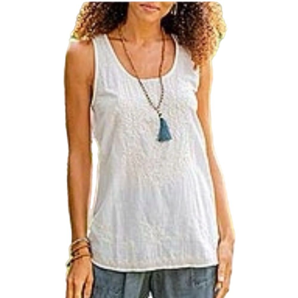 NOVICA 100% Cotton Chikankari Hand Embroidered Tank Top Cream L Bohemian